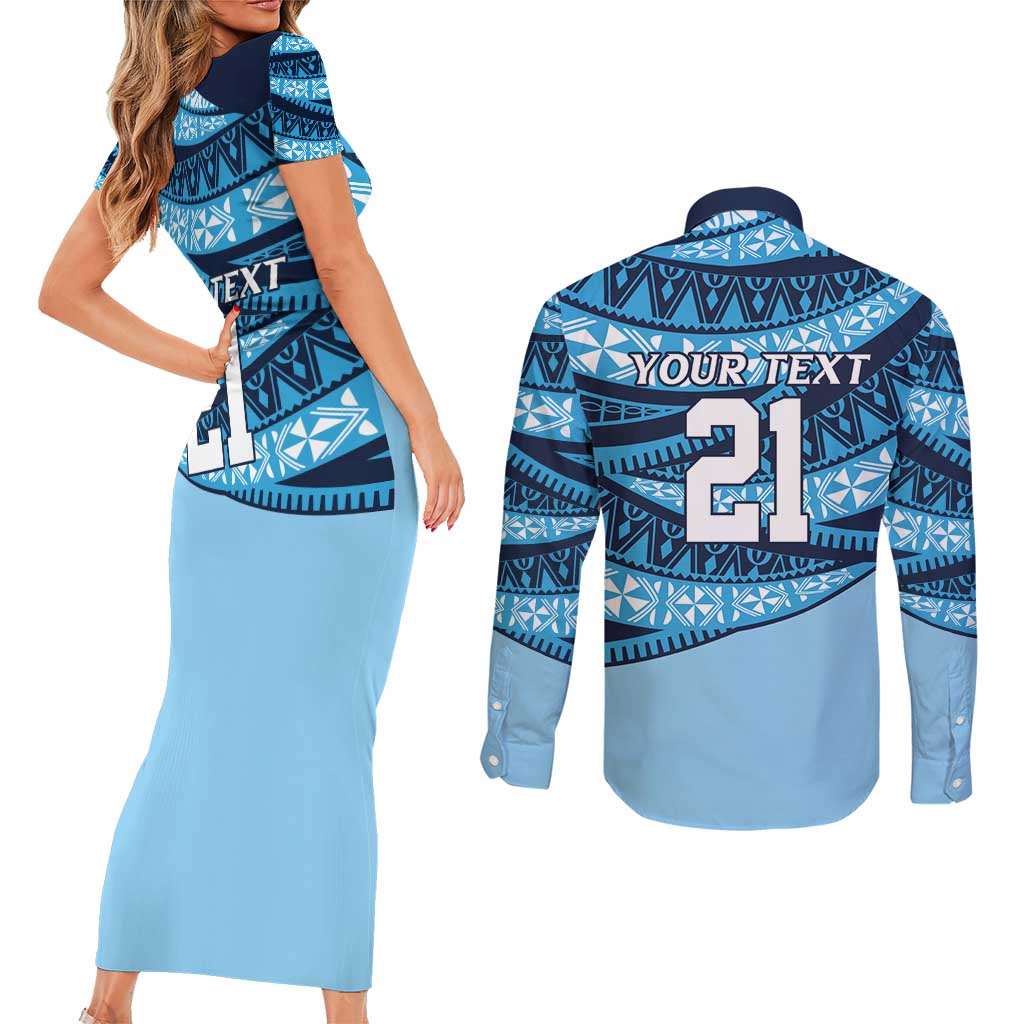 New South Wales Rugby Pacific Custom Couples Matching Short Sleeve Bodycon Dress and Long Sleeve Button Shirt Pasifika Tapa Pattern