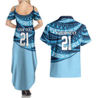 New South Wales Rugby Pacific Custom Couples Matching Summer Maxi Dress and Hawaiian Shirt Pasifika Tapa Pattern