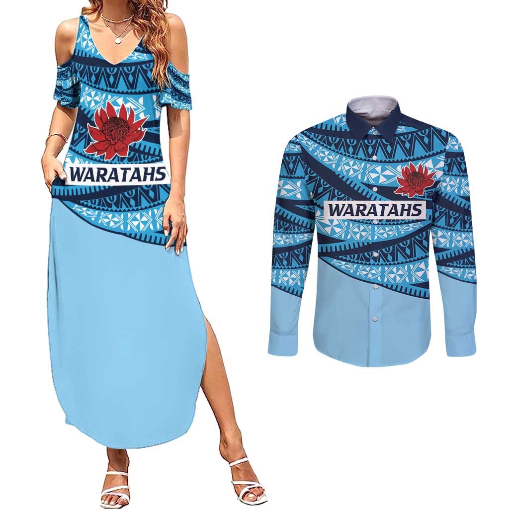 New South Wales Rugby Pacific Custom Couples Matching Summer Maxi Dress and Long Sleeve Button Shirt Pasifika Tapa Pattern