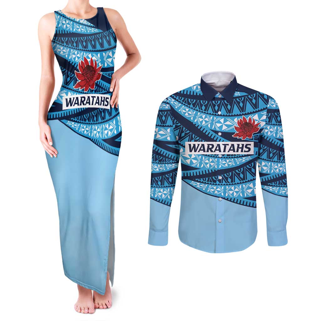 New South Wales Rugby Pacific Custom Couples Matching Tank Maxi Dress and Long Sleeve Button Shirt Pasifika Tapa Pattern