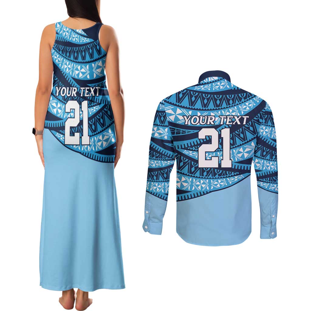 New South Wales Rugby Pacific Custom Couples Matching Tank Maxi Dress and Long Sleeve Button Shirt Pasifika Tapa Pattern
