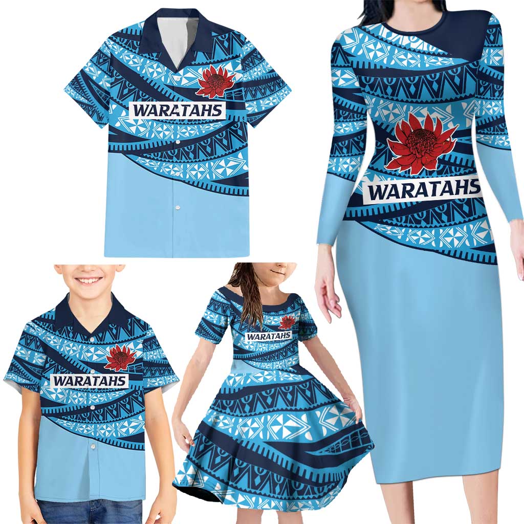 New South Wales Rugby Pacific Custom Family Matching Long Sleeve Bodycon Dress and Hawaiian Shirt Pasifika Tapa Pattern