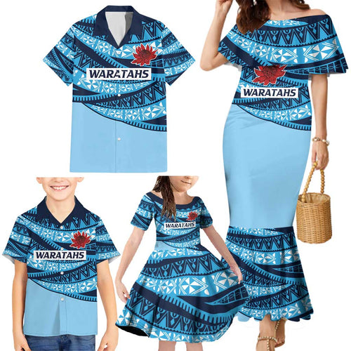 New South Wales Rugby Pacific Custom Family Matching Mermaid Dress and Hawaiian Shirt Pasifika Tapa Pattern
