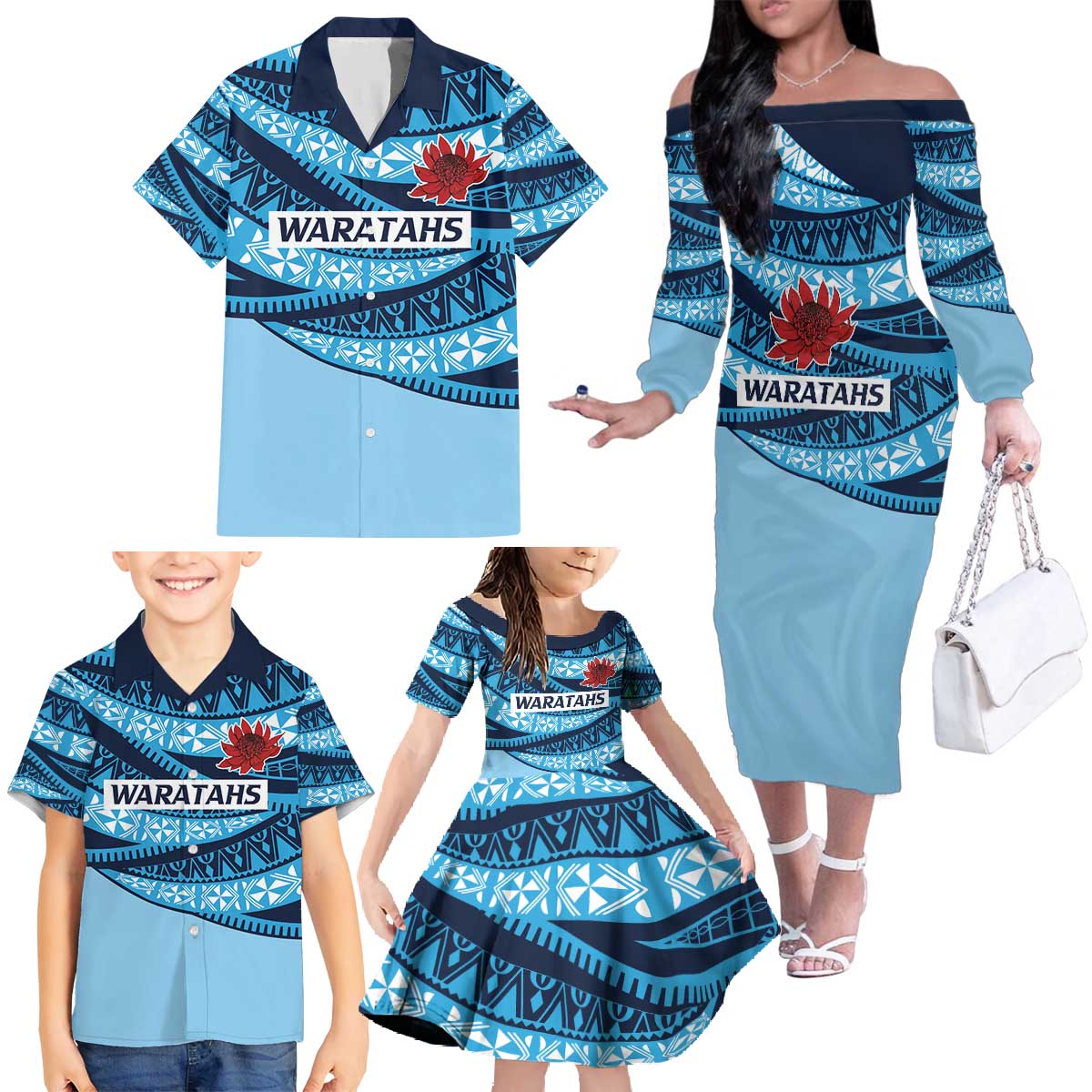 New South Wales Rugby Pacific Custom Family Matching Off The Shoulder Long Sleeve Dress and Hawaiian Shirt Pasifika Tapa Pattern
