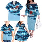 New South Wales Rugby Pacific Custom Family Matching Off The Shoulder Long Sleeve Dress and Hawaiian Shirt Pasifika Tapa Pattern
