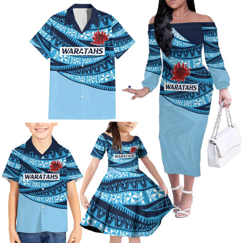 New South Wales Rugby Pacific Custom Family Matching Off The Shoulder Long Sleeve Dress and Hawaiian Shirt Pasifika Tapa Pattern