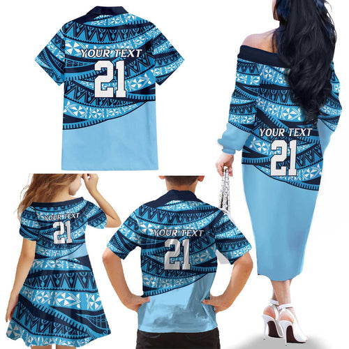 New South Wales Rugby Pacific Custom Family Matching Off The Shoulder Long Sleeve Dress and Hawaiian Shirt Pasifika Tapa Pattern
