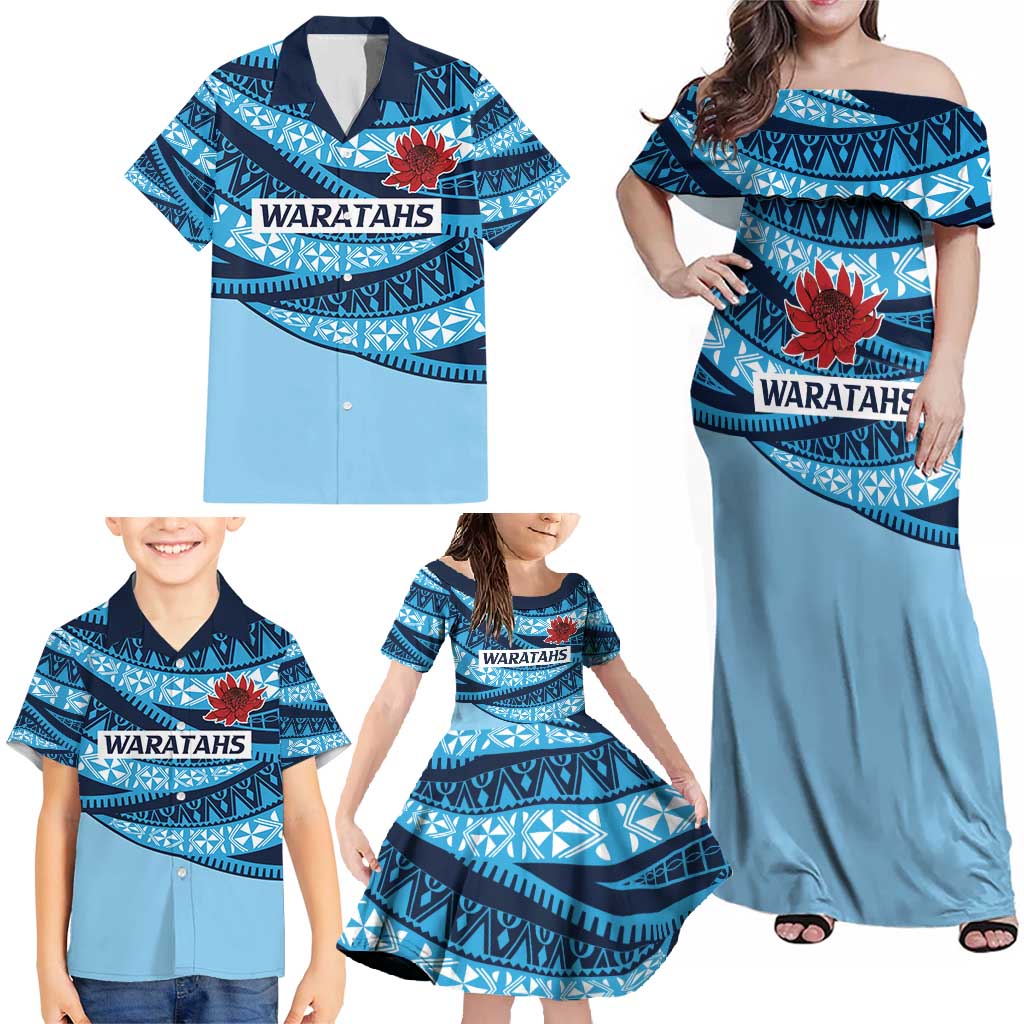New South Wales Rugby Pacific Custom Family Matching Off Shoulder Maxi Dress and Hawaiian Shirt Pasifika Tapa Pattern