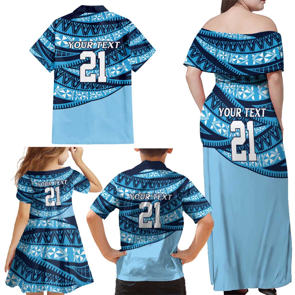 New South Wales Rugby Pacific Custom Family Matching Off Shoulder Maxi Dress and Hawaiian Shirt Pasifika Tapa Pattern