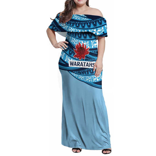 New South Wales Rugby Pacific Custom Family Matching Off Shoulder Maxi Dress and Hawaiian Shirt Pasifika Tapa Pattern