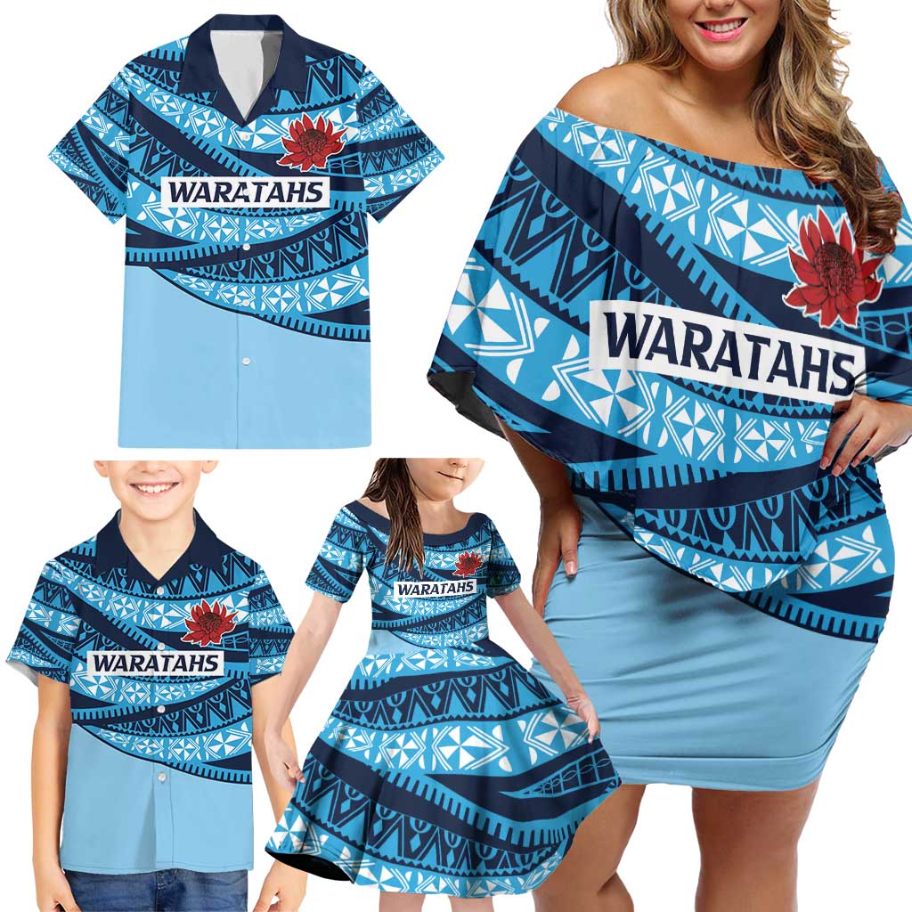 New South Wales Rugby Pacific Custom Family Matching Off Shoulder Short Dress and Hawaiian Shirt Pasifika Tapa Pattern