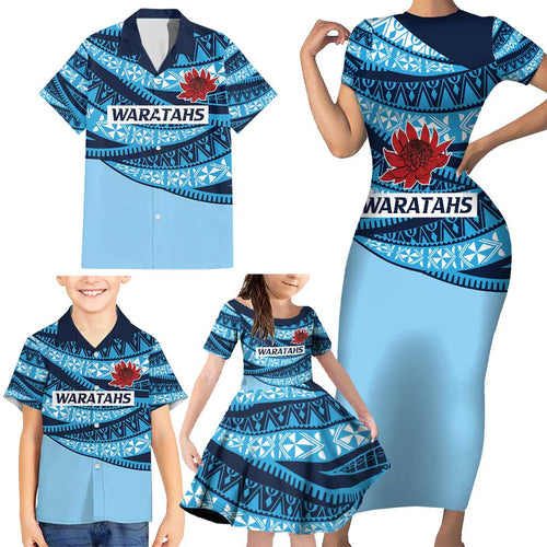 New South Wales Rugby Pacific Custom Family Matching Short Sleeve Bodycon Dress and Hawaiian Shirt Pasifika Tapa Pattern