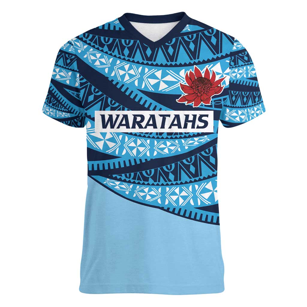 New South Wales Rugby Pacific Custom Women V-Neck T-Shirt Pasifika Tapa Pattern