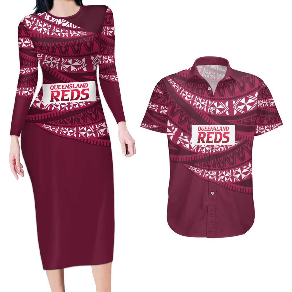 Queensland Rugby Pacific Custom Couples Matching Long Sleeve Bodycon Dress and Hawaiian Shirt Pasifika Tapa Pattern