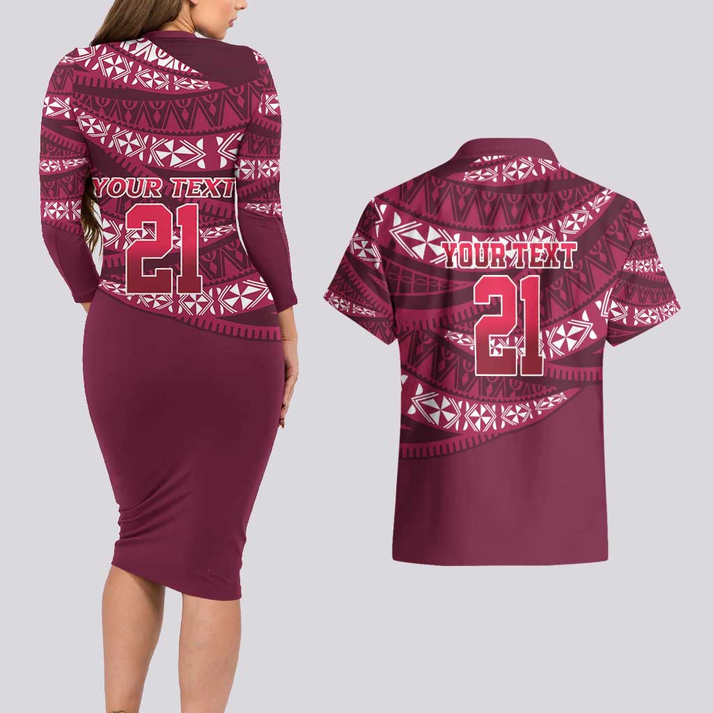 Queensland Rugby Pacific Custom Couples Matching Long Sleeve Bodycon Dress and Hawaiian Shirt Pasifika Tapa Pattern