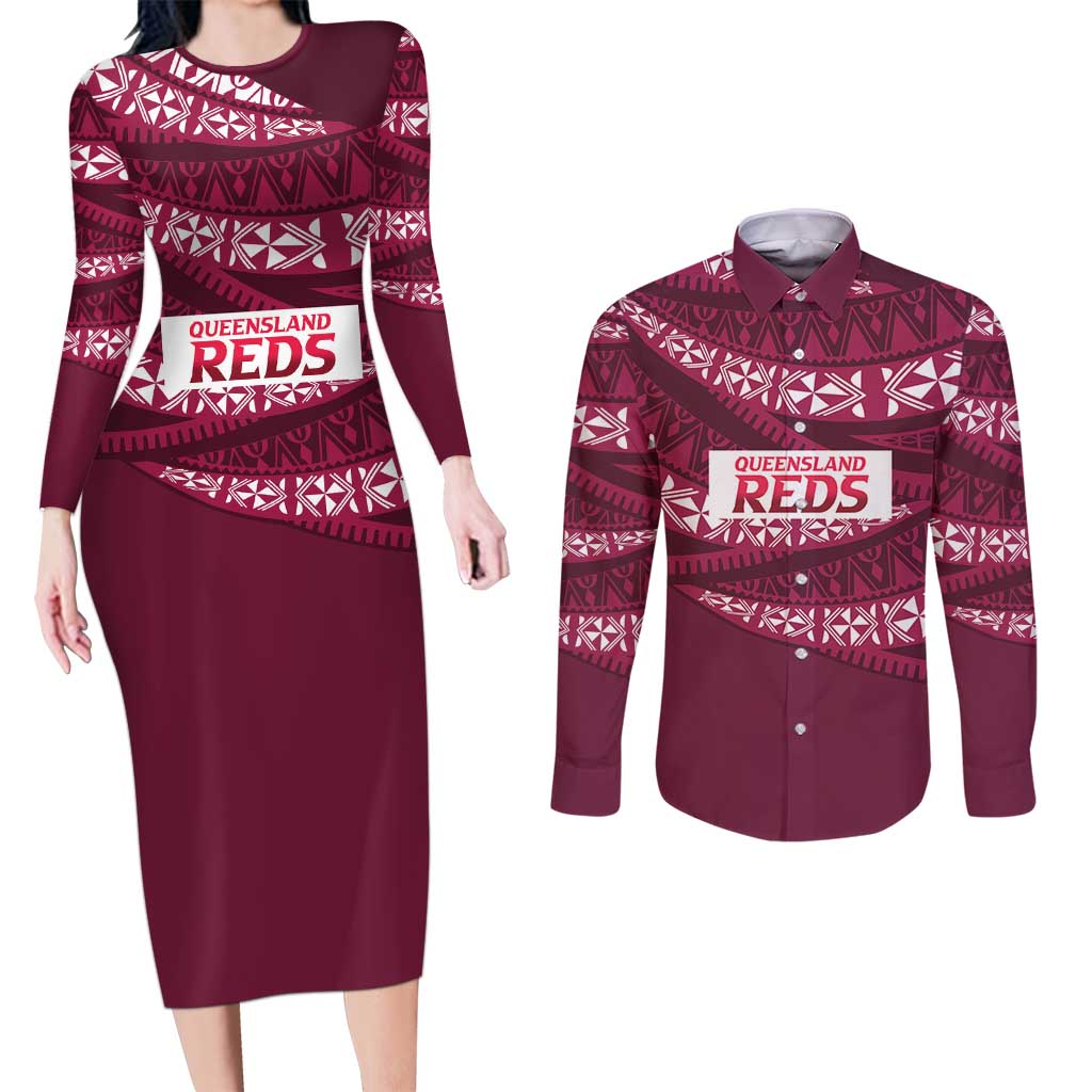 Queensland Rugby Pacific Custom Couples Matching Long Sleeve Bodycon Dress and Long Sleeve Button Shirt Pasifika Tapa Pattern