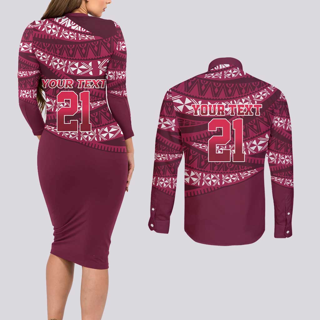 Queensland Rugby Pacific Custom Couples Matching Long Sleeve Bodycon Dress and Long Sleeve Button Shirt Pasifika Tapa Pattern