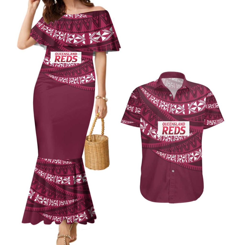 Queensland Rugby Pacific Custom Couples Matching Mermaid Dress and Hawaiian Shirt Pasifika Tapa Pattern