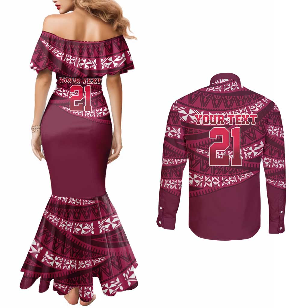 Queensland Rugby Pacific Custom Couples Matching Mermaid Dress and Long Sleeve Button Shirt Pasifika Tapa Pattern