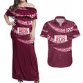 Queensland Rugby Pacific Custom Couples Matching Off Shoulder Maxi Dress and Hawaiian Shirt Pasifika Tapa Pattern