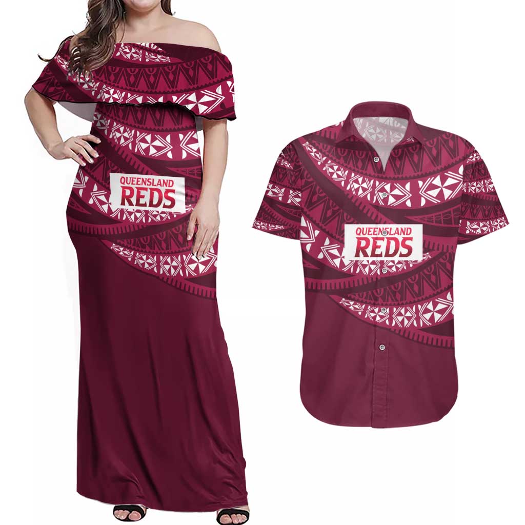 Queensland Rugby Pacific Custom Couples Matching Off Shoulder Maxi Dress and Hawaiian Shirt Pasifika Tapa Pattern