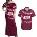 Queensland Rugby Pacific Custom Couples Matching Off Shoulder Maxi Dress and Hawaiian Shirt Pasifika Tapa Pattern