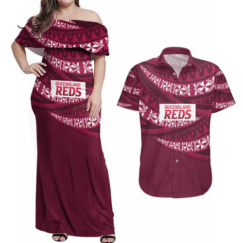 Queensland Rugby Pacific Custom Couples Matching Off Shoulder Maxi Dress and Hawaiian Shirt Pasifika Tapa Pattern