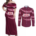 Queensland Rugby Pacific Custom Couples Matching Off Shoulder Maxi Dress and Long Sleeve Button Shirt Pasifika Tapa Pattern