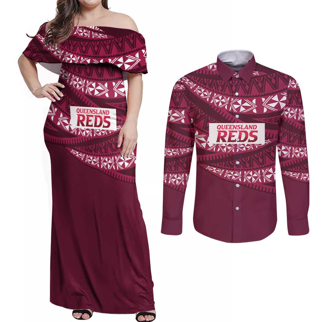 Queensland Rugby Pacific Custom Couples Matching Off Shoulder Maxi Dress and Long Sleeve Button Shirt Pasifika Tapa Pattern