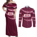 Queensland Rugby Pacific Custom Couples Matching Off Shoulder Maxi Dress and Long Sleeve Button Shirt Pasifika Tapa Pattern