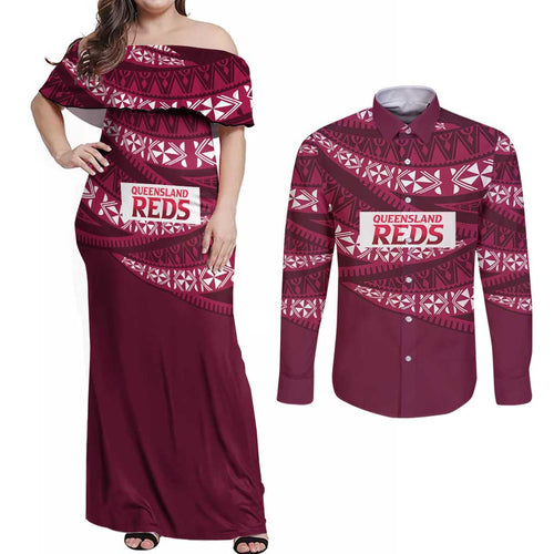 Queensland Rugby Pacific Custom Couples Matching Off Shoulder Maxi Dress and Long Sleeve Button Shirt Pasifika Tapa Pattern