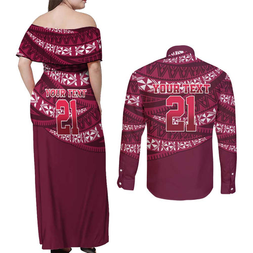 Queensland Rugby Pacific Custom Couples Matching Off Shoulder Maxi Dress and Long Sleeve Button Shirt Pasifika Tapa Pattern