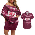 Queensland Rugby Pacific Custom Couples Matching Off Shoulder Short Dress and Hawaiian Shirt Pasifika Tapa Pattern
