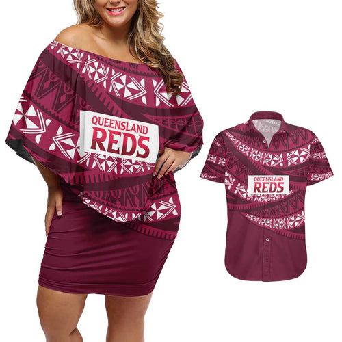 Queensland Rugby Pacific Custom Couples Matching Off Shoulder Short Dress and Hawaiian Shirt Pasifika Tapa Pattern