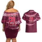 Queensland Rugby Pacific Custom Couples Matching Off Shoulder Short Dress and Hawaiian Shirt Pasifika Tapa Pattern