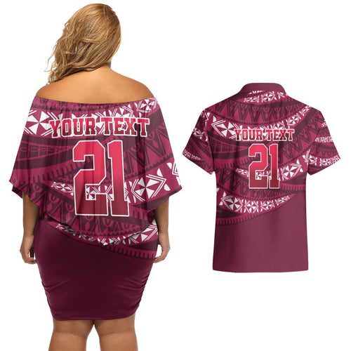 Queensland Rugby Pacific Custom Couples Matching Off Shoulder Short Dress and Hawaiian Shirt Pasifika Tapa Pattern