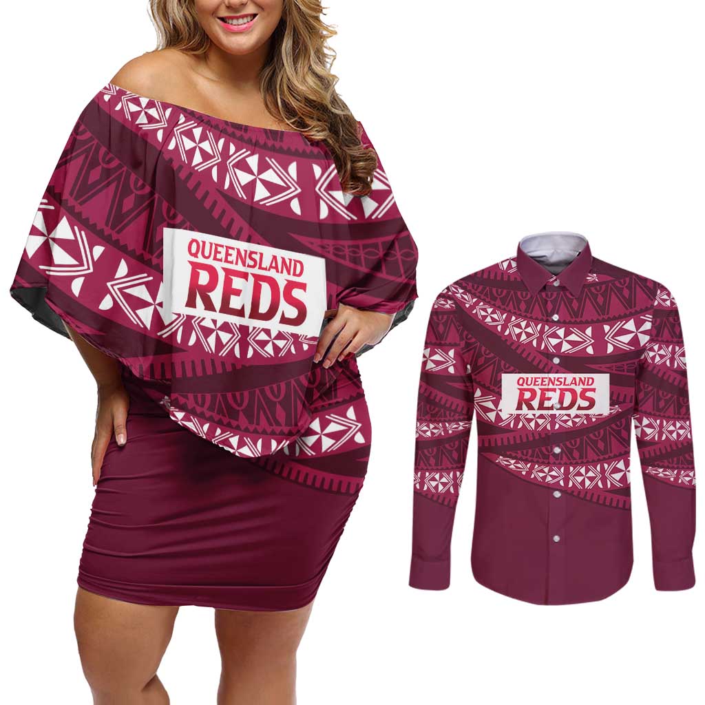 Queensland Rugby Pacific Custom Couples Matching Off Shoulder Short Dress and Long Sleeve Button Shirt Pasifika Tapa Pattern
