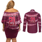 Queensland Rugby Pacific Custom Couples Matching Off Shoulder Short Dress and Long Sleeve Button Shirt Pasifika Tapa Pattern