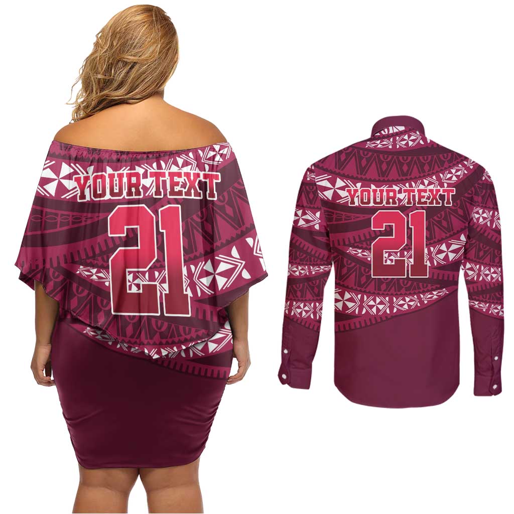 Queensland Rugby Pacific Custom Couples Matching Off Shoulder Short Dress and Long Sleeve Button Shirt Pasifika Tapa Pattern