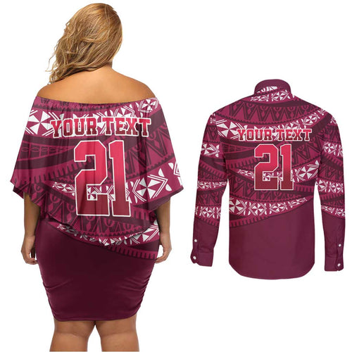 Queensland Rugby Pacific Custom Couples Matching Off Shoulder Short Dress and Long Sleeve Button Shirt Pasifika Tapa Pattern