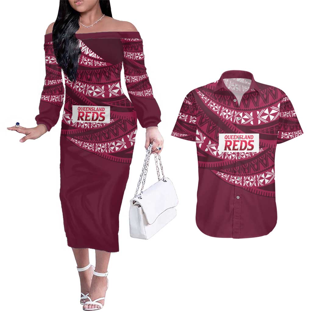 Queensland Rugby Pacific Custom Couples Matching Off The Shoulder Long Sleeve Dress and Hawaiian Shirt Pasifika Tapa Pattern