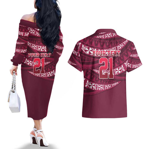 Queensland Rugby Pacific Custom Couples Matching Off The Shoulder Long Sleeve Dress and Hawaiian Shirt Pasifika Tapa Pattern