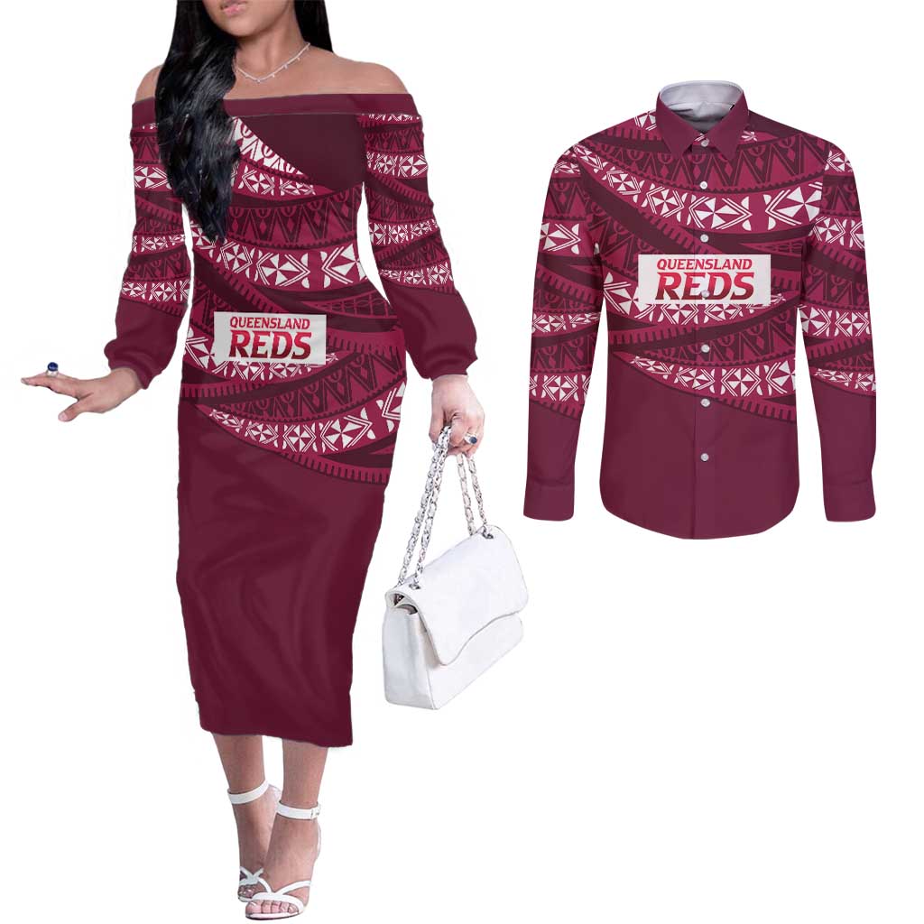 Queensland Rugby Pacific Custom Couples Matching Off The Shoulder Long Sleeve Dress and Long Sleeve Button Shirt Pasifika Tapa Pattern