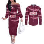 Queensland Rugby Pacific Custom Couples Matching Off The Shoulder Long Sleeve Dress and Long Sleeve Button Shirt Pasifika Tapa Pattern