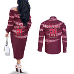 Queensland Rugby Pacific Custom Couples Matching Off The Shoulder Long Sleeve Dress and Long Sleeve Button Shirt Pasifika Tapa Pattern