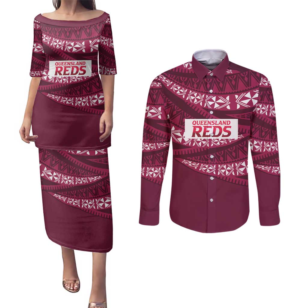 Queensland Rugby Pacific Custom Couples Matching Puletasi and Long Sleeve Button Shirt Pasifika Tapa Pattern