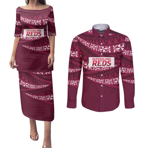 Queensland Rugby Pacific Custom Couples Matching Puletasi and Long Sleeve Button Shirt Pasifika Tapa Pattern