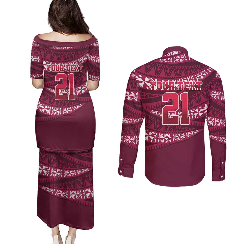 Queensland Rugby Pacific Custom Couples Matching Puletasi and Long Sleeve Button Shirt Pasifika Tapa Pattern