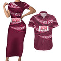 Queensland Rugby Pacific Custom Couples Matching Short Sleeve Bodycon Dress and Hawaiian Shirt Pasifika Tapa Pattern