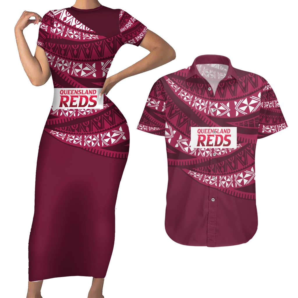 Queensland Rugby Pacific Custom Couples Matching Short Sleeve Bodycon Dress and Hawaiian Shirt Pasifika Tapa Pattern